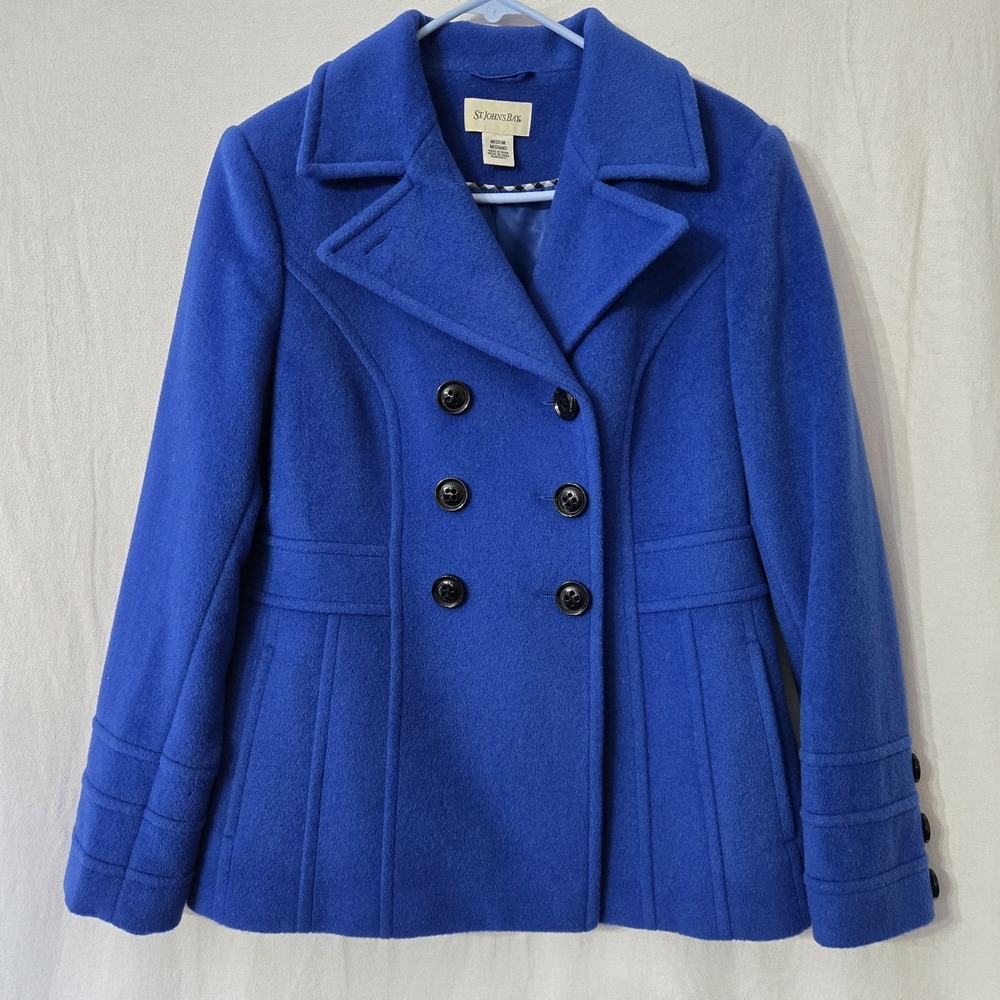 Vtg St Johns Bay Peacoat Womens M Deep Blue Double‎ Breasted Wool Cashmere Blend